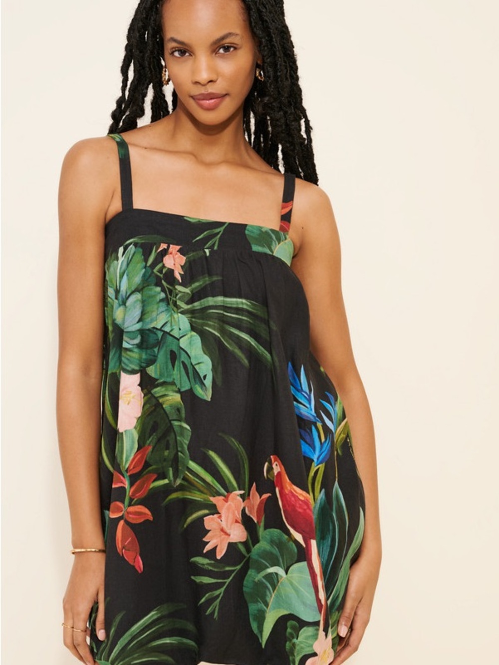 FARM Rio Black Tropical Mini Dress with Green, Blue & Coral Accents - Picture 1 of 2